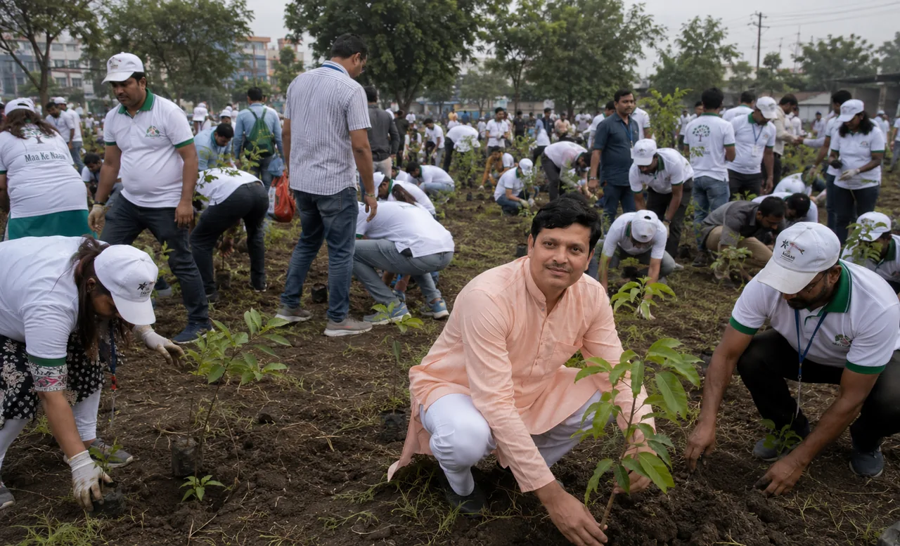 Volunteers planting saplings during the Ek Ped Maa Ke Naam drive